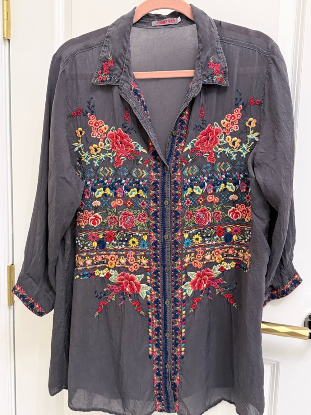 Johnny Was Gray Jacket Label with Red Logo